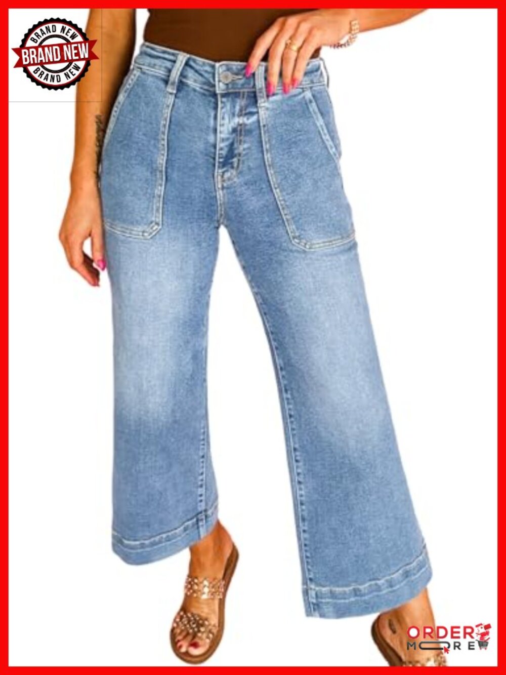 Stretchy Wide Leg High Waisted Cropped Ankle Jeans Tummy Control Casual Denim